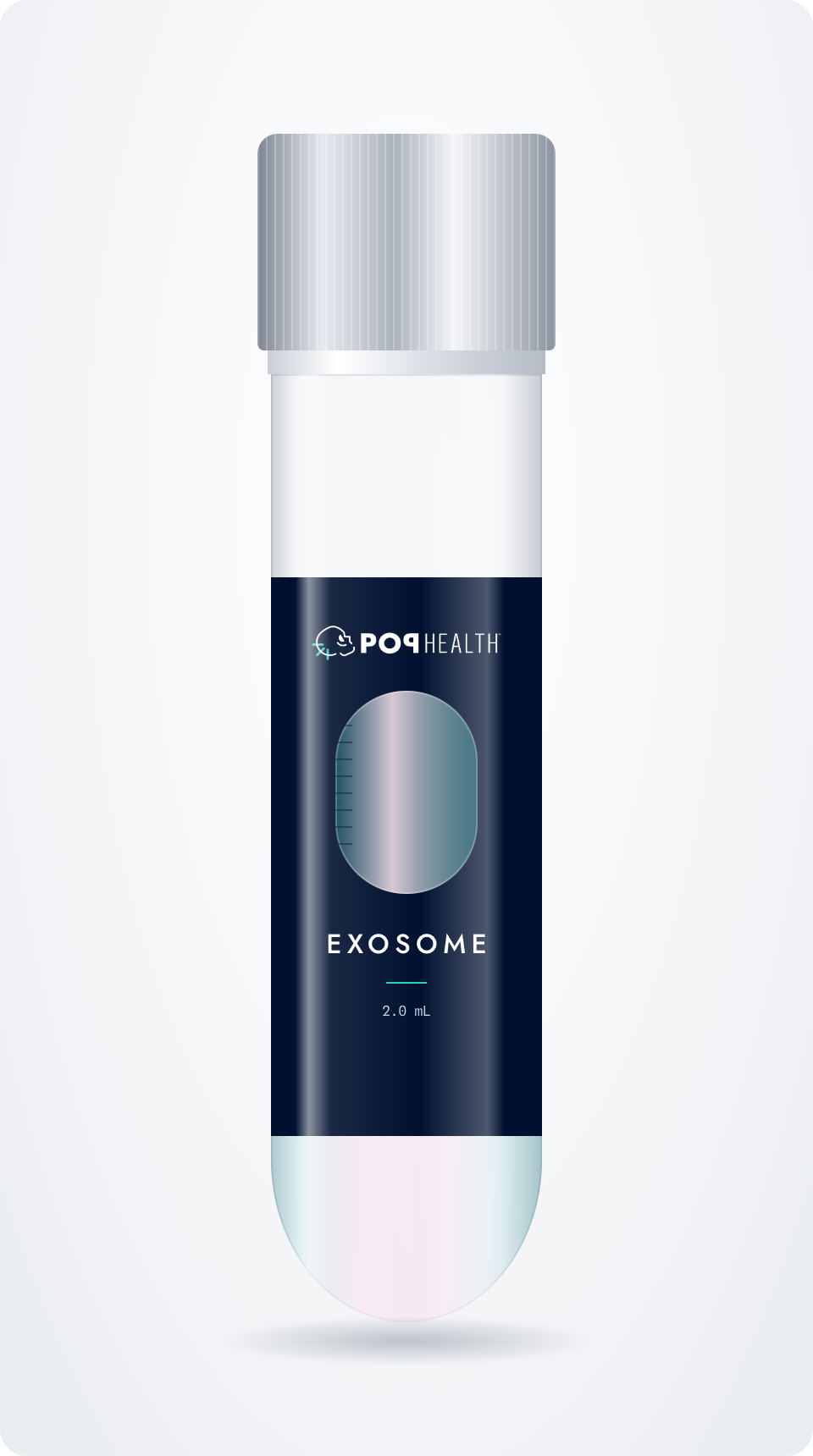 Ilustración de un tubo de POP Health con la etiqueta EXOSOME y una marca de 2.0 mL
